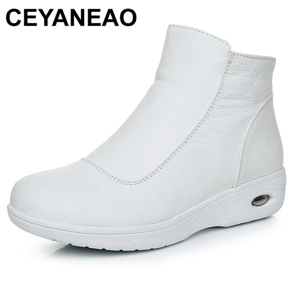 

ceyaneaofull grain leather snow boots women flat shoes zipwalking ankle boots ladies plush round toe genuine leather short, Black