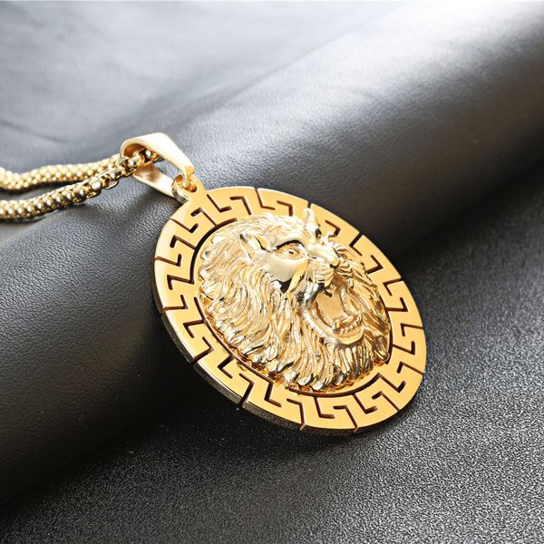 

fashion-the new tide "hip-hop clubs show necklace titanium steel bar street dance lion round card, Silver