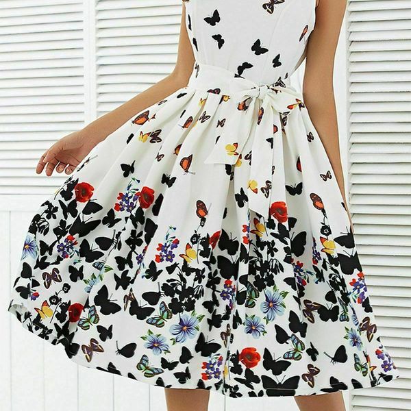 

new 2019 women butterfly floral print vintage pleat swing dresses summer sleeveless zipper sashes retro party dresses vestidos, Black;gray
