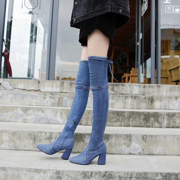 

2019 new autumn over the knee long boots women pointed toe high heels denim sock boots women party shoes, Black