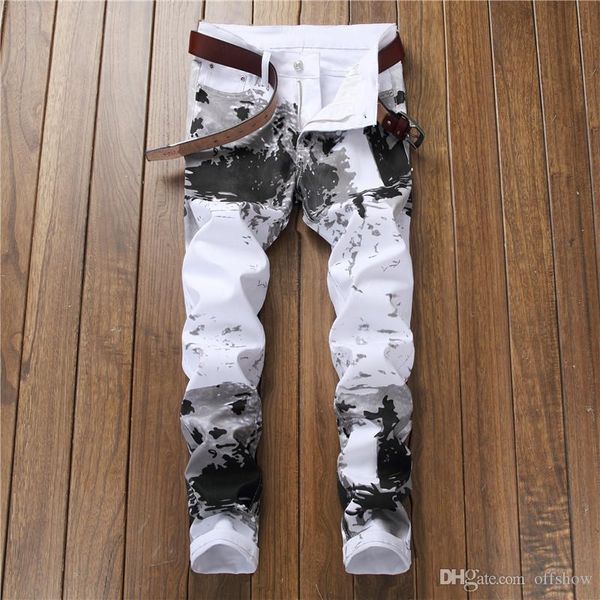 

printed men straight jeans spring autumn winter male trousers designer pants jeans, Blue