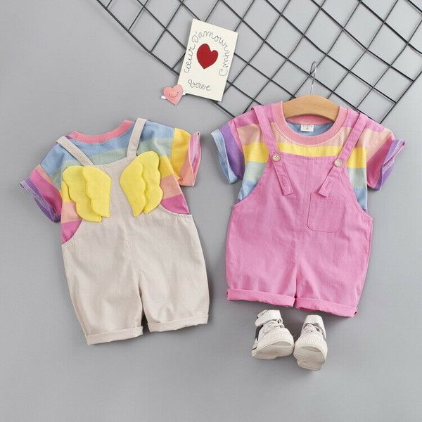 2 pcs toddler crianças bebê meninas verão roupas de arco-íris listras t-shirt tops + bib shorts borboleta asas de garota de garota conjunto