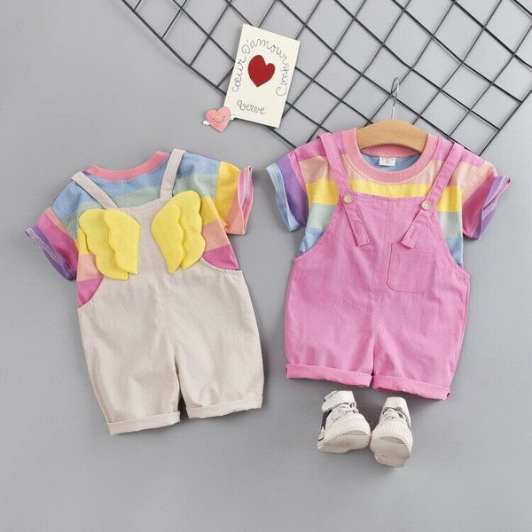 2 adet Toddler Çocuklar Bebek Kız Yaz Giysileri Gökkuşağı Çizgili T-Shirt Tops + Bib Şort Kelebek Kanatları Kız Kıyafetler Set