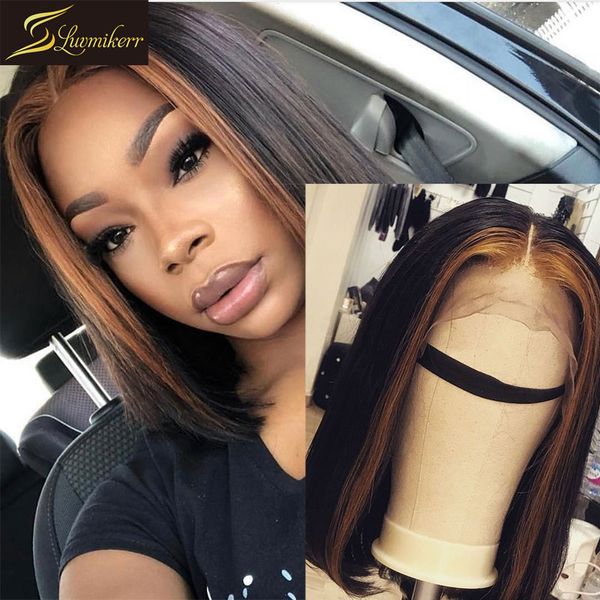 

ombre mongolian 13Ã6 deep part short bob lace front human hair wigs for black women colored frontal wig bleached knots glueless, Black;brown