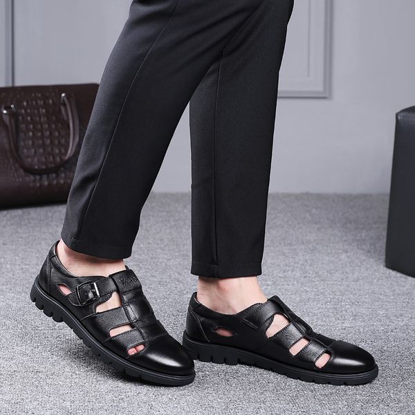

new 2019 men genuine leather sandals men casual beach shoes roman shoes plus size 47 fashion leather sandals for lettbao, Black