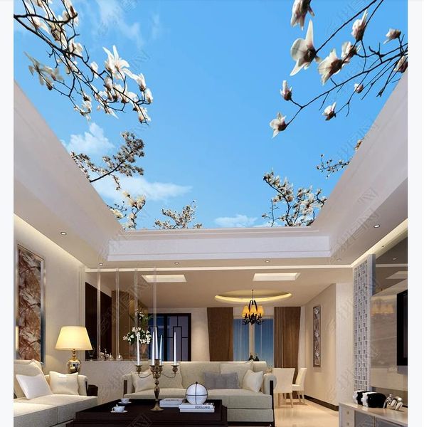 Gewohnheit 3D Seide Zenit Wandbild Tapete Foto HD schönen blauen Himmel weiß Wolken Blume Zweige Wohnzimmer Schlafzimmer Decke Zenith Wandbild
