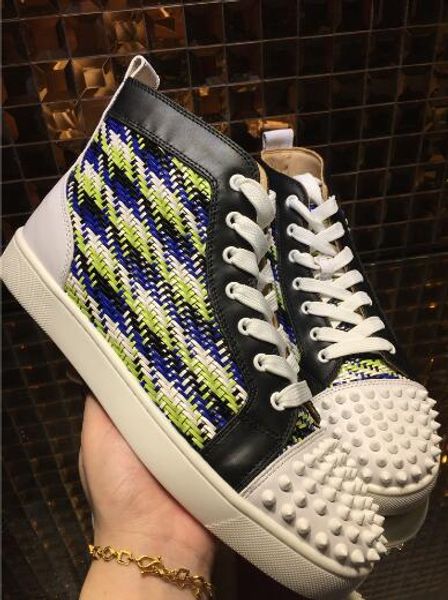 

men classic lattice leather redÂ bottomÂ sneakers brand flats sneaker male high shoes fashion luxury casual lace up shoes size 35-46, Black