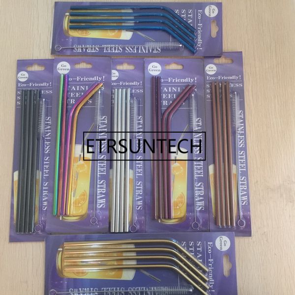 

50sets 4pcs stainless steel straw +1pcs cleaner brush with blister card bend straight drinking straw set kitchen bar party