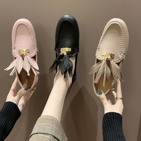 

leaf tassel round toe slip on women shoes solid casual comfy soft bottom moccasins brief femme metal loafers leisure lazy flats, Black