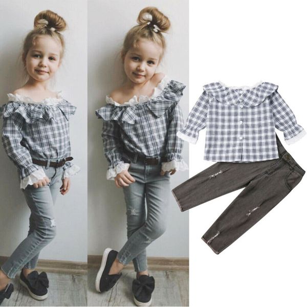 

emmababy 2pcs малышей рюшами комплект одежды пледы с плеча рубашка топы джинсы брюки наряды, White