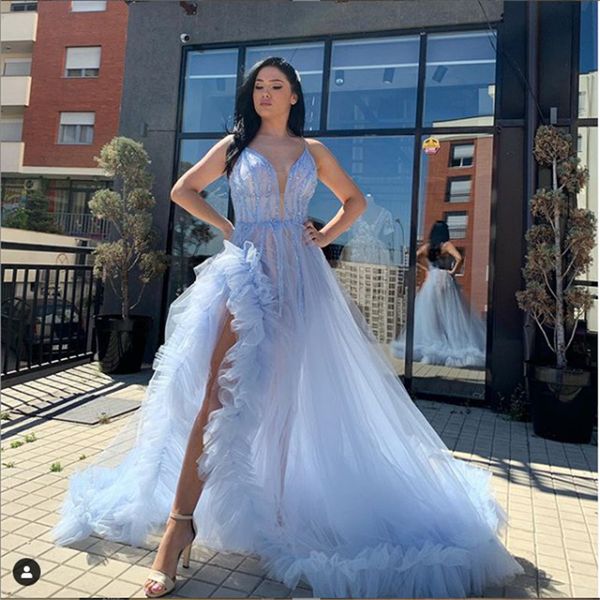 

light blue prom gown sleeveless deep v neck evening dresse prom dress formal evening gowns front split vestidos de festa, Black;red