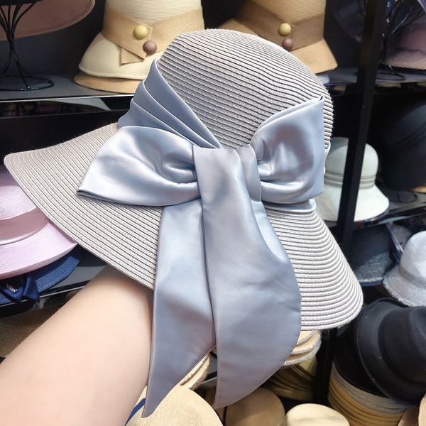 

japanese pp grass big eaves fisherman straw straw foldable sun face small fisherman hat tide hepburn wind hat children, Blue;gray