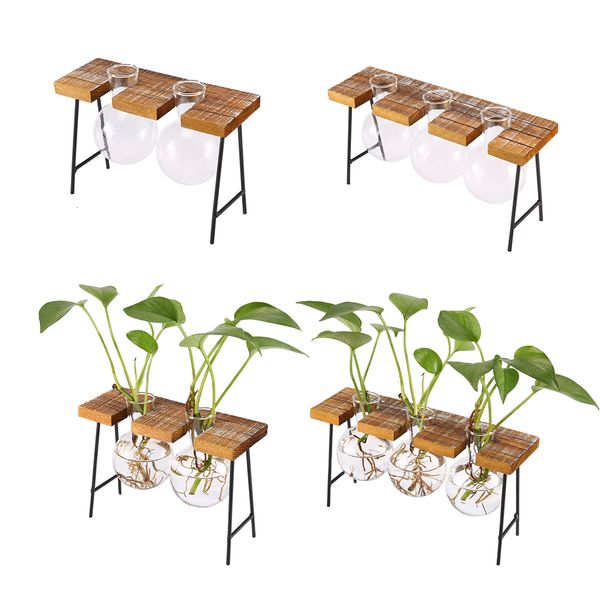 

2pcs hydroponics water planting glass vase, clear glass terrarium with stool shaped wooden stand - 2 & 3 beakers