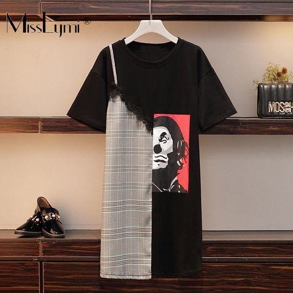 

xl-5xl plus size women loose casual t shirt dress summer 2019 streetwear fashion print cotton patchwork lace crochet plaid dress, Black;gray