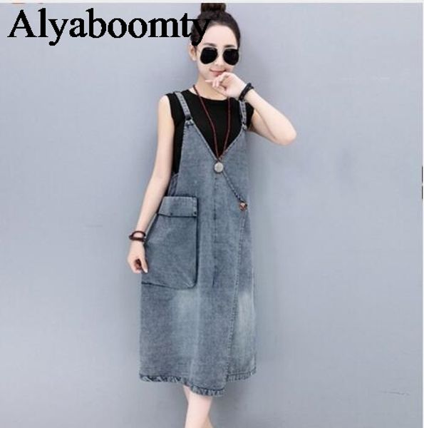

korean spring summer suspenders denim dress vintage casual loose strap jeans sundress elegant pockets overall preppy style dress, Black;gray
