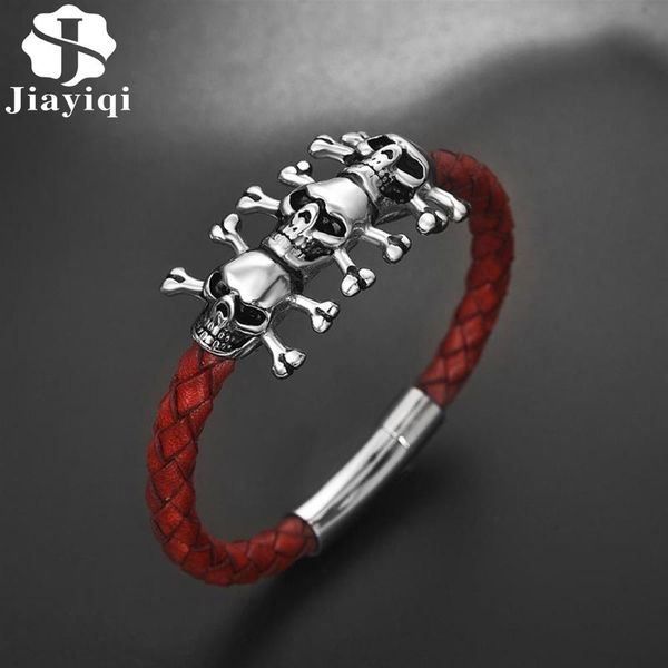 

jiayiqi red leather bracelet for men punk skull charms stainless steel clasp bangle male female trendy jewelry wrist accessories, Golden;silver