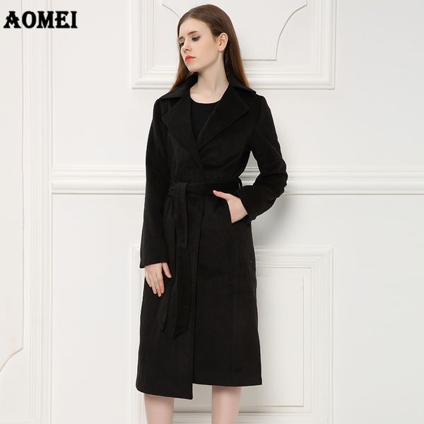 

2019 пальто зимы женщин карман полушерстяного outwear негабаритного длинный пояс пальто outwear шерсть женщины осень одежда, Black
