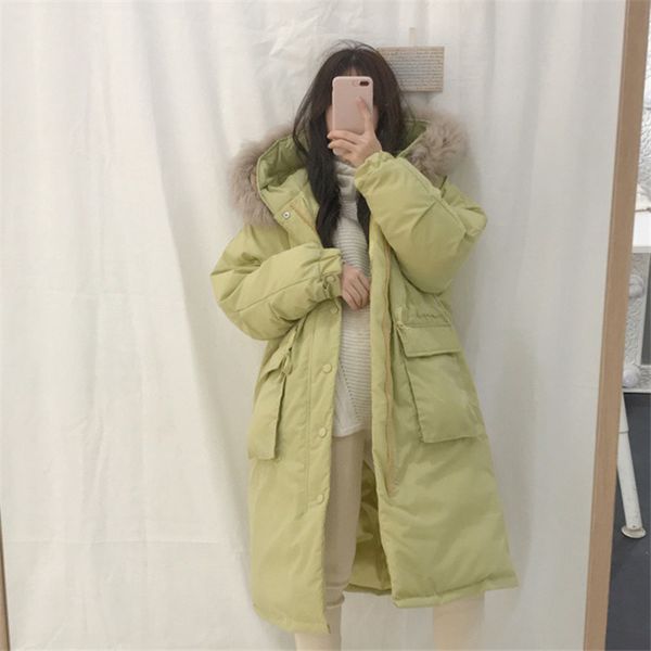

winter women new large fur collar hooded down cotton coat female thick cotton coat long section slim bread clothing lady, Black