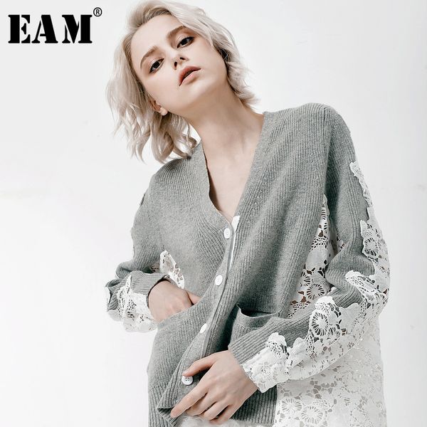 

eam] 2019 new autumn winter fashion tide gray patchwork lace long sleeve single breasted v-neck woman shirt blouse s626, White