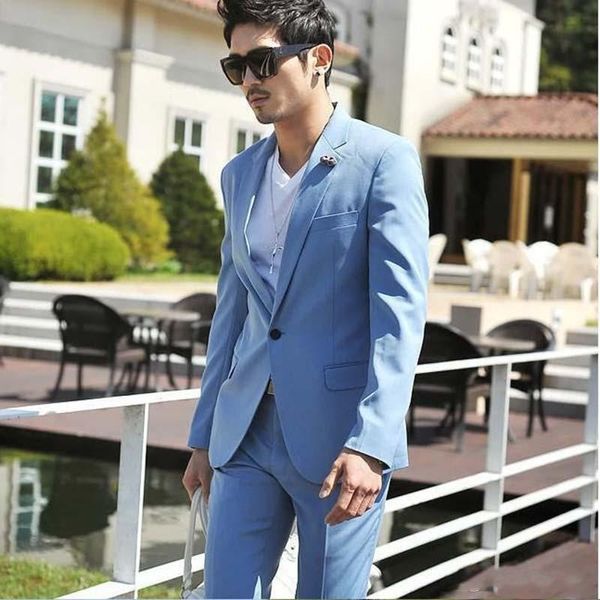 Marca New Blue Sky Noivo Smoking Notch lapela Groomsmen Wedding Tuxedos Popular Homens Formal Suit Jacket Blazer Prom (Jacket + Calças + Tie) 1300