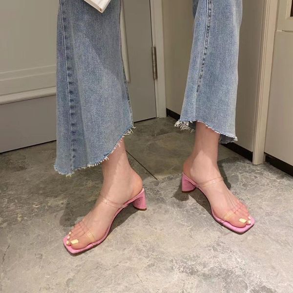 

women sandals slides slippers thick high heels slip on pumps narrow band party sandals slippers open toe fashion pink mules, Black