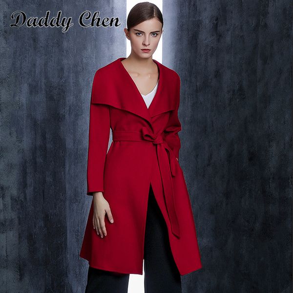 

2019 new women solid color oversized coat lapel wrap tie belted winter coat ladies windbreaker, Tan;black