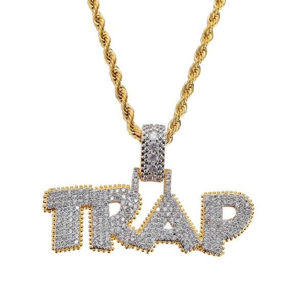 

hip hop letters trap pendant necklaces for men women western real gold plated copper zircons luxury necklace 60 cm twist chain, Silver