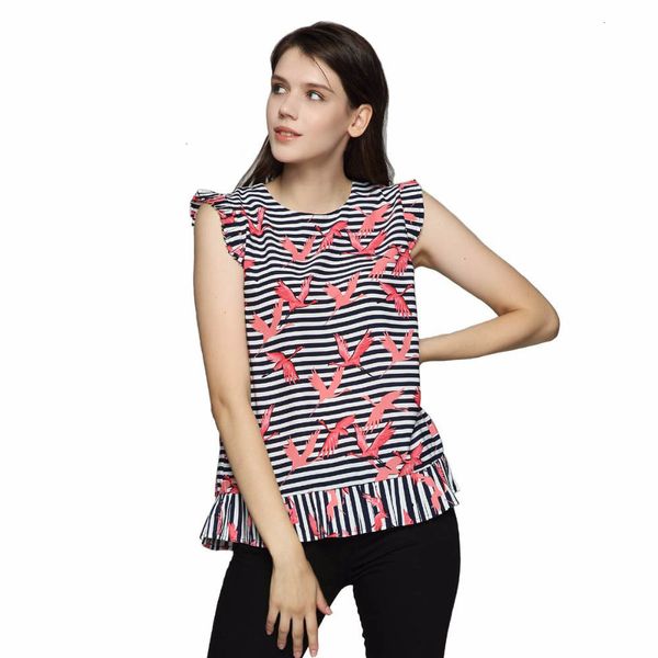

womens clothing blouse woman women sweet ruffles crane print striped shirts sleeveless blouses european style ladies casual blusas wt489, White