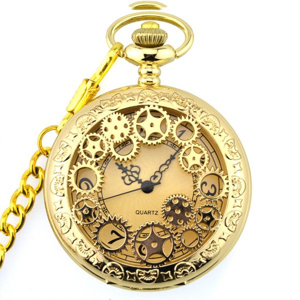 

retro gold fashion hollow gear steampunk quartz pocket watch stainless steel pendant for men women, Slivery;golden