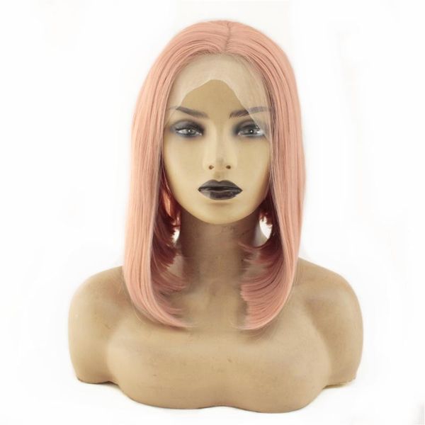 

short bob wigs rose pink straight synthetic lace front wigs for women heat resistant glueless lace 150% density middle part, Black