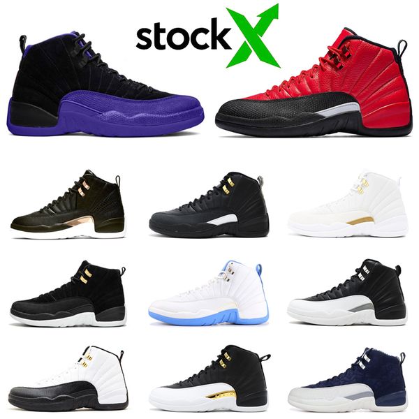 

stock x jumpman 12 12s men basketball shoes reverse flu game dark concord grey ov black white punch mens trainer sports sneakers