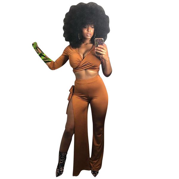 

autumn women two piece set deep v neck crop and high waist split long wide leg pants women's suit outfit streetwear, Gray