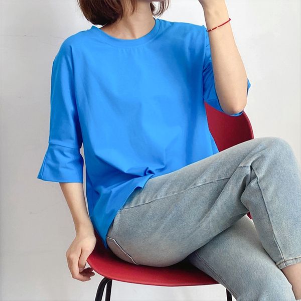 

cos smooth and comfortable horn t-shirt horn five-point trumpet sleeve blue t-shirt women's half sleeve 2020 cotton a- word women, White