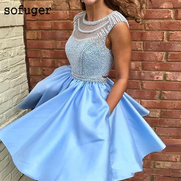 

light blue pearls backless girls short homecoming party dress evening dress prom vestidos de fiesta formal special occasion, White;black
