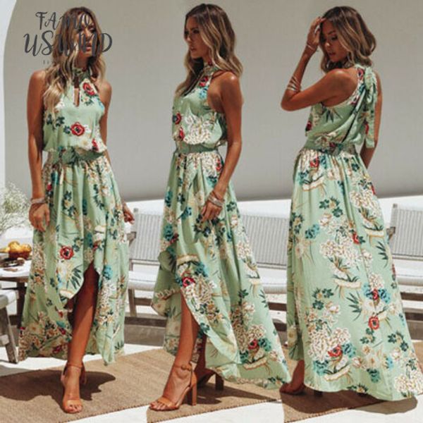 

2020 womens summer boho ladies long maxi printed evening twill party club wear beach dress sundress, Black;gray