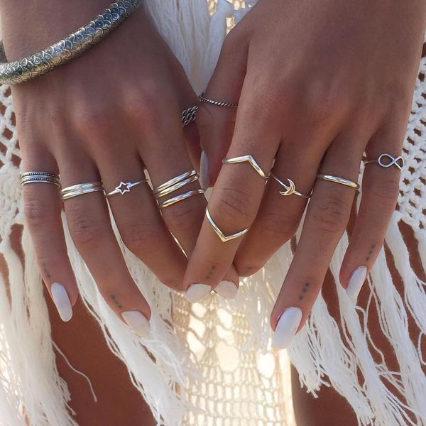

12 pcs/set vintage female rings v star moon 8 word silver ring set women wedding party jewelry accessories, Golden;silver