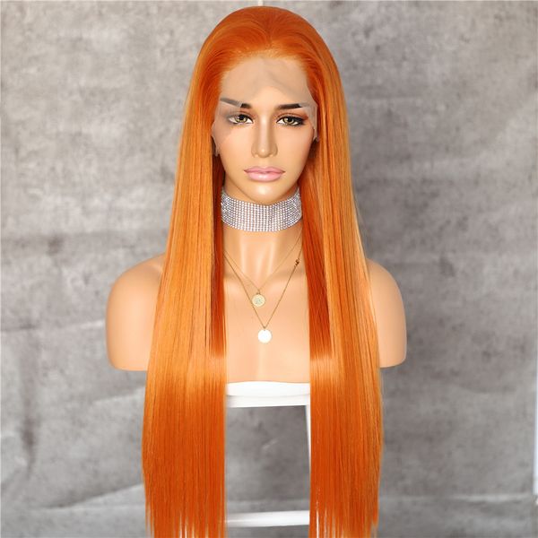 Natural Hairline Free Part Orange Long Silky Straight Hair Heat