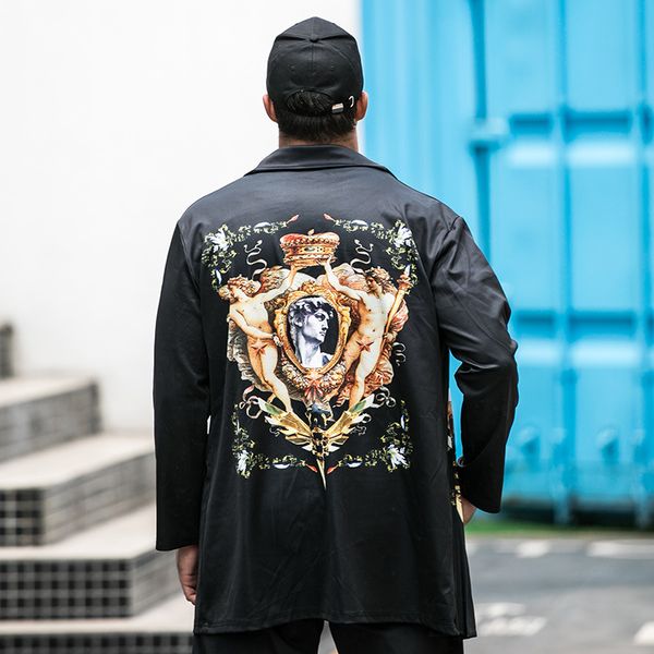 

men's cardigan thin jackets personalized mid-length printing with increased fat, Tan;black