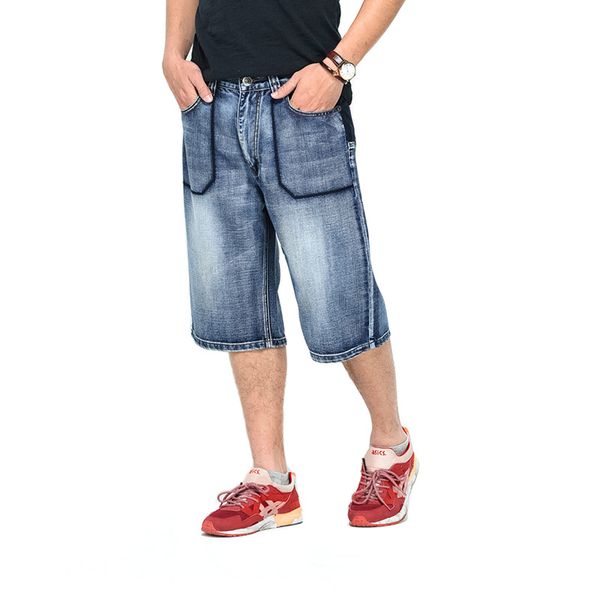 

kiovno men summer hip hop denim shorts solid color loose casual short jeans for male size 30-44 washed, Blue