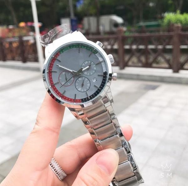 

fashion men's luxury watch steel strap strap full function chronograph business casual sports waterproof men's quartz watch, Slivery;brown