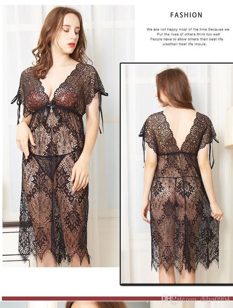 

black uniform code pajamas lace mesh one piece nightdress short sleeve breathable big pajamas low chest deep v new autumn and winter, Black;white