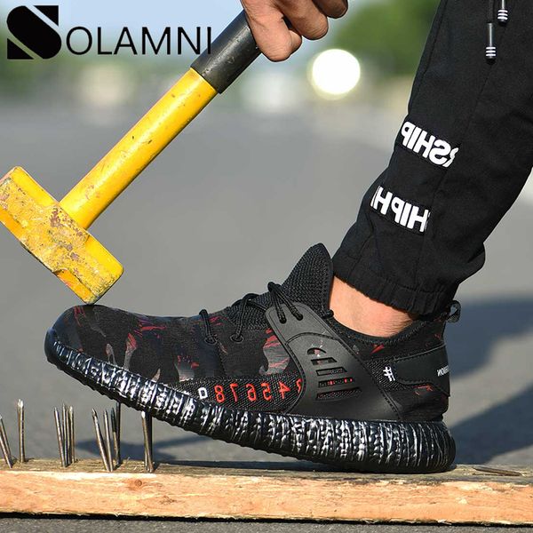 

steel toe safety shoes mens work shoes anti-slip anti-smashing construction women breathable industrial mesh sneakers male, Black
