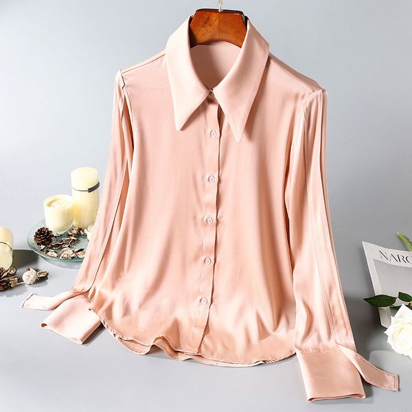

women silk blouse 2020 spring summer solid color turn down collar long sleeves classy european and american boutique women wear, White