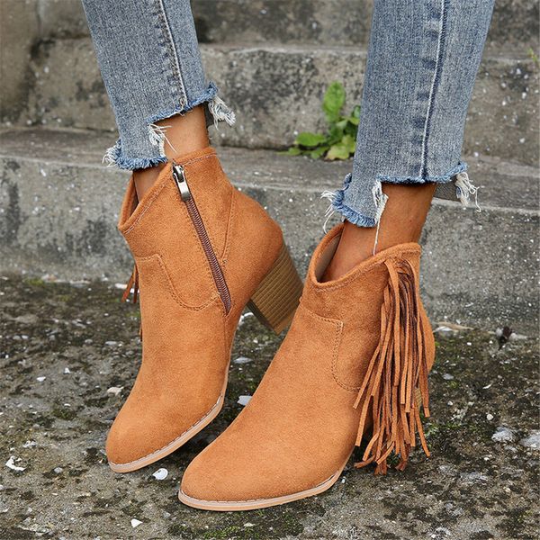 

sarairis 2020 plus size 43 chunky high heels ankle boots women shoes woman slip on fringes western cowboy boots female shoes, Black