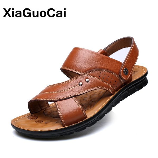 

2019 summer men sandals slippers two uses genuine leather casual slides beach shoes for male antiskid mans flat mules breathable, Black