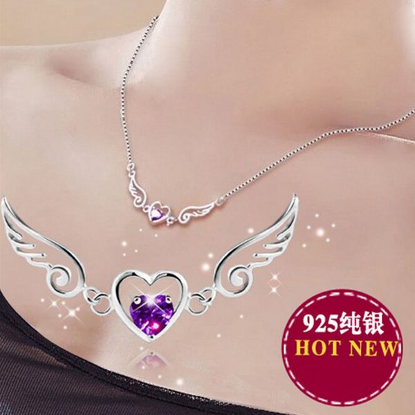 

anenjery silver jewelry love angel wings necklace dream love heart crystal zircon necklace women birthday present s-n01
