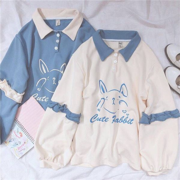 

мягкие девушки cute rabbit женских толстовок японского kawaii банни графического урожай женщины толстовка kp длинный рукав рюши одежда, Black