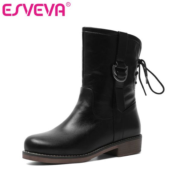 

esveva 2020 women shoes ankle boots round toe western style pu leather lace up med heel motorcycle platform boot size 34-43, Black