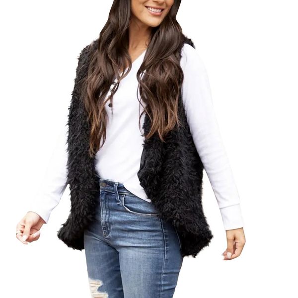 

vests womens sleeveless faux fur cardigan fluffly vintage shaggy vest jacket coat coats & jackets women's clothing drop shipping, Black;white