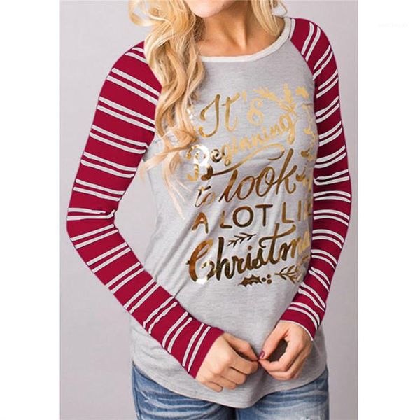 

crew neck long sleeve striped print female clothing festival casual apparel womens christmas desinger autumn tshirts, White